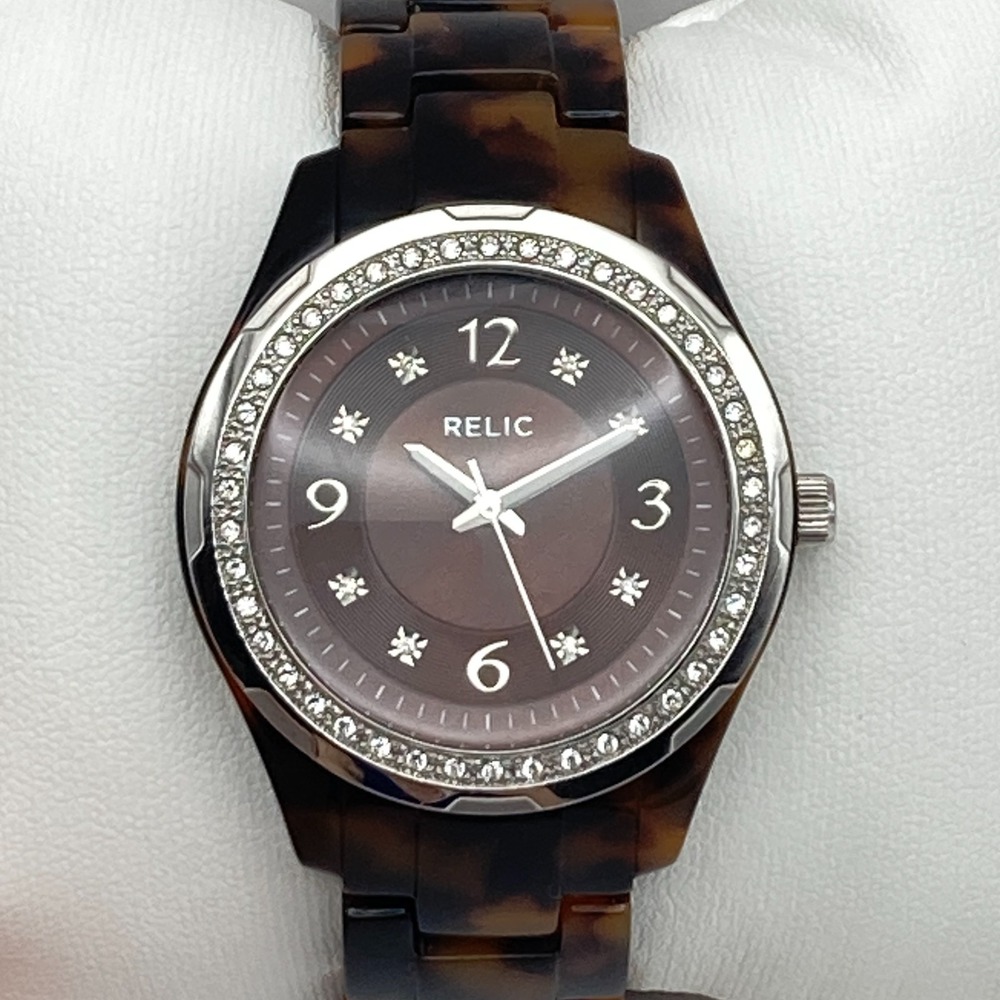 Relic Women's Watch 37mm Faux Tortoise Silver Tone Crystals WR New Battery 6.25"